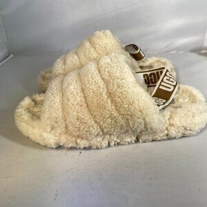 UGG Sheepskin Fluff Yeah Beige Cream Cozy Sling Back Slipper